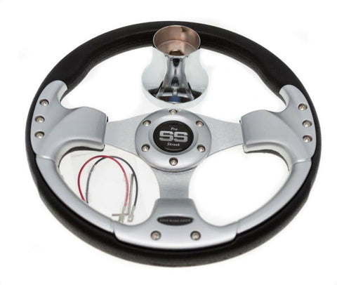 Club Car DS Steering Wheel with Hub Adapter - Black and Silver 1985 to Current